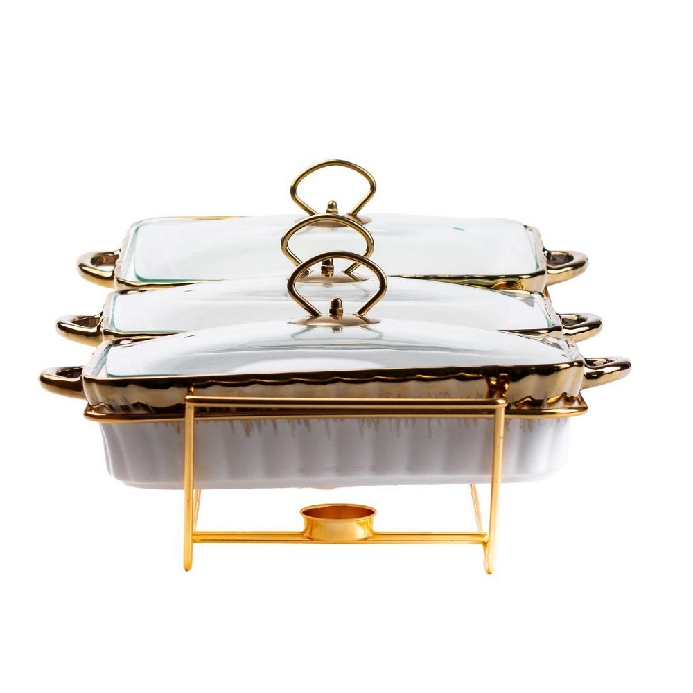 Фарфоровый мармит на 3 секции по 1,5 литра, золотой HP1043 Киев - изображение 3