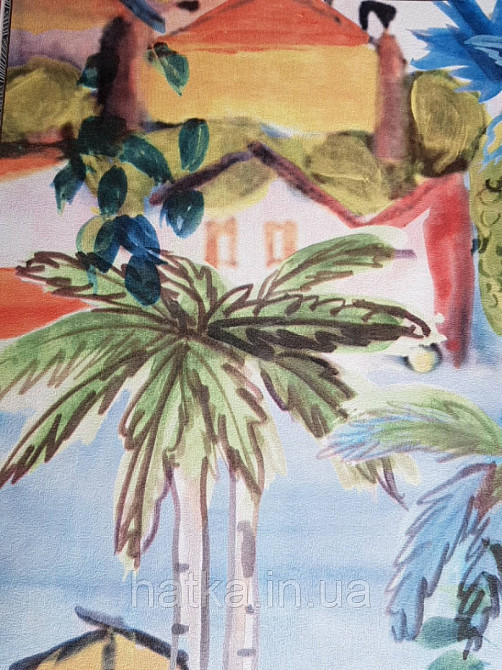 Шпалери вінілові Decoprint Breeze 0.53х10 м акварель дерева пальми будинку яскраві блакитні жовті червоні Київ - фото 2