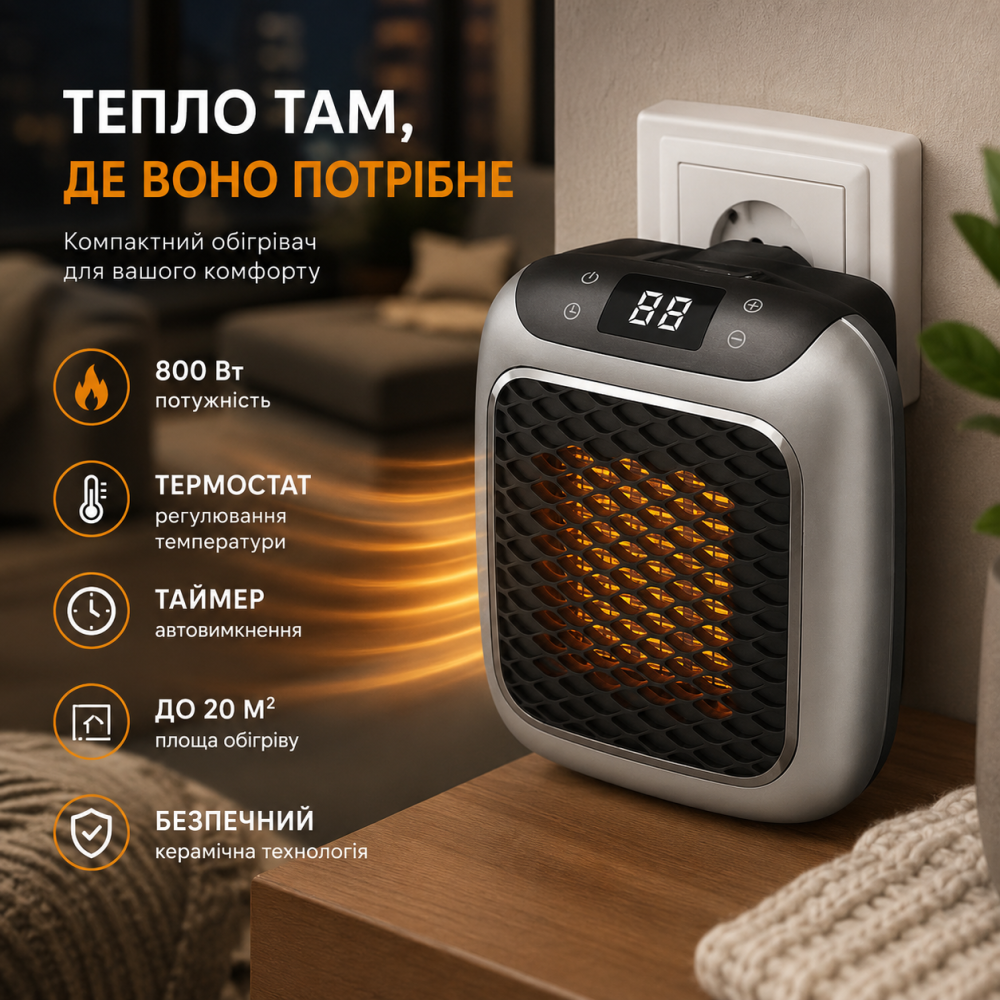 Портативний обігрівач Handy Heater Turbo 800 Вт, керамічний тепловентилятор у розетку, термостат, таймер, дисплей, до 20 м² Київ - фото 10