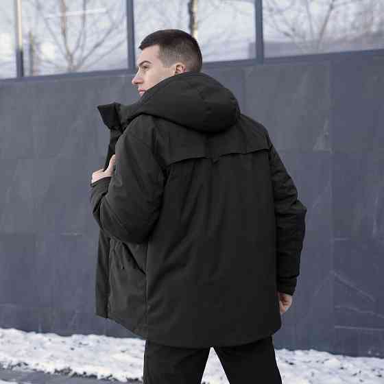 Чорна чоловіча парка зимова з капюшоном Pobedov Navy Київ