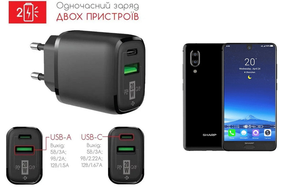 Сетевое зарядное устройство для Sharp Aquos S2, 20W 3A, Quick Charge 3.0 Киев - изображение 1