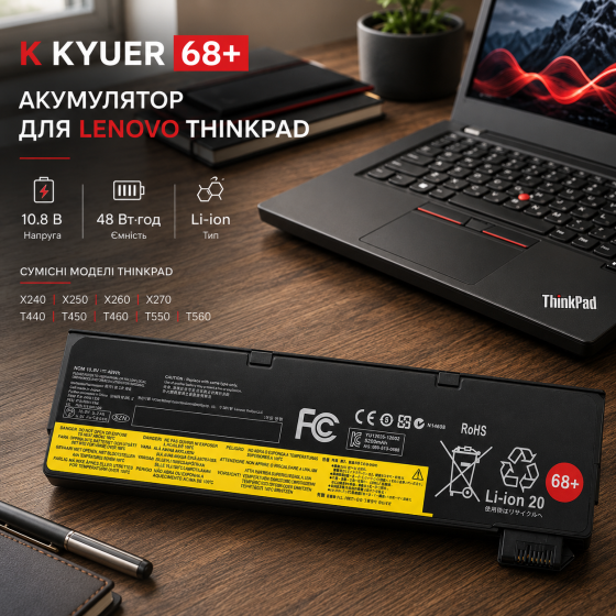 Аккумулятор K KYUER 68+ 48 Вт·ч для Lenovo ThinkPad X240 X250 X260 X270 T440 T450 T460 T550 T560, 10.8 В Киев