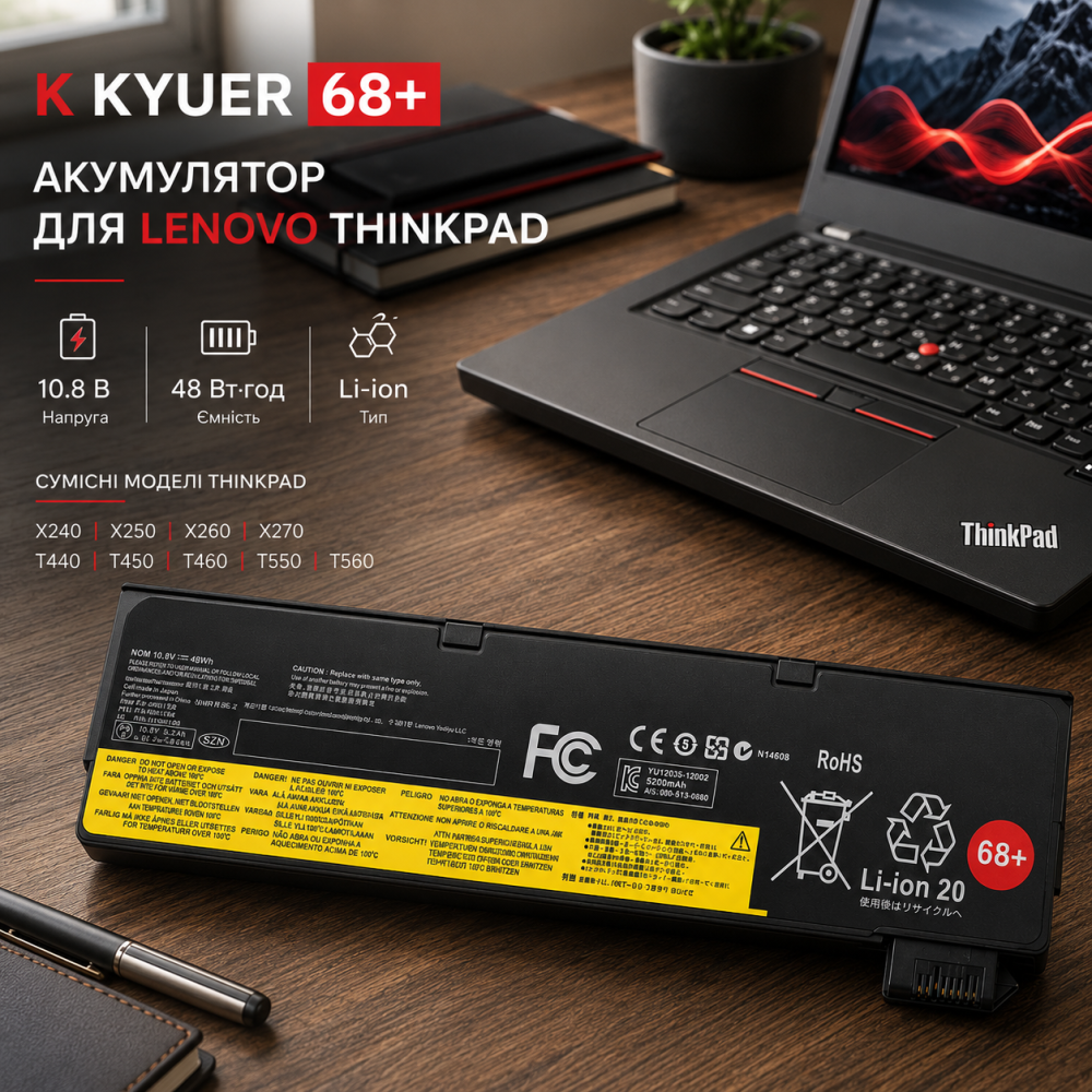 Аккумулятор K KYUER 68+ 48 Вт·ч для Lenovo ThinkPad X240 X250 X260 X270 T440 T450 T460 T550 T560, 10.8 В Киев - изображение 1