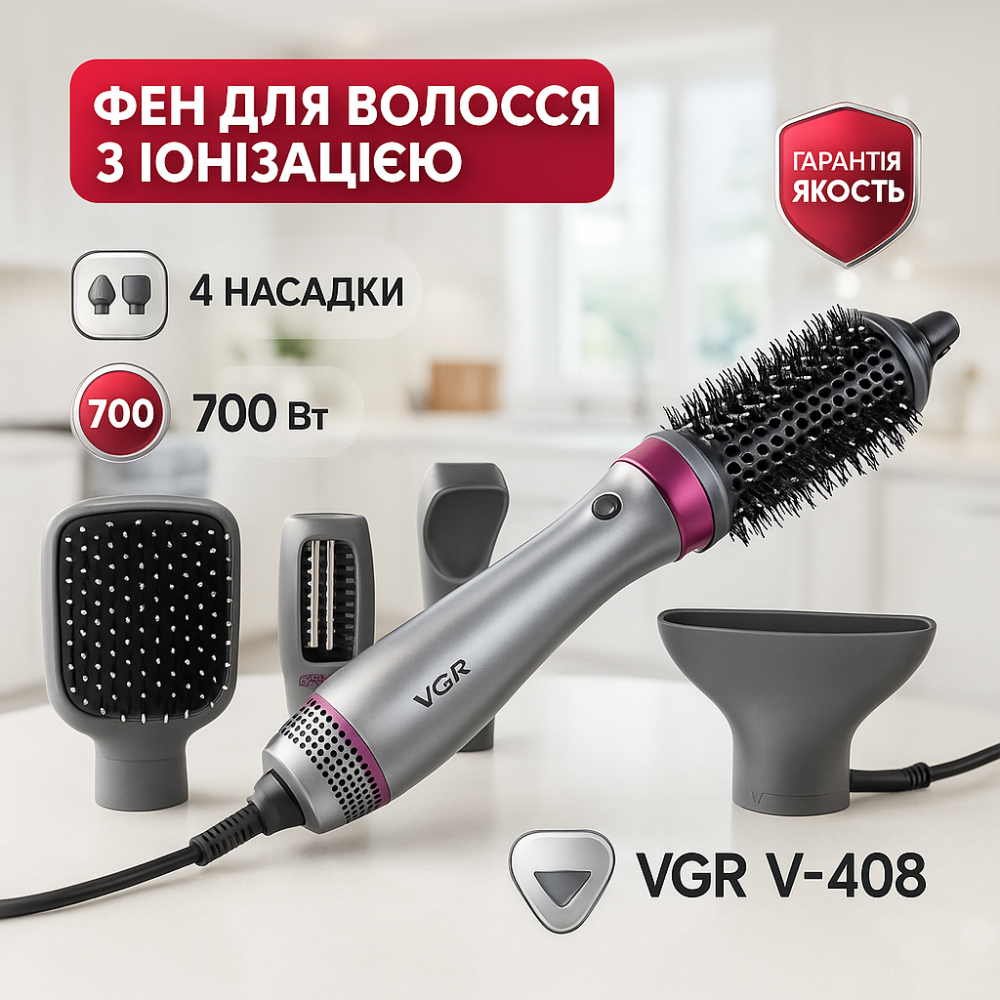 Фен з регульованою швидкістю і температурою, Потужний фен для швидкого сушіння, Фен-щітка-гребінець UF-20 Київ - фото 14