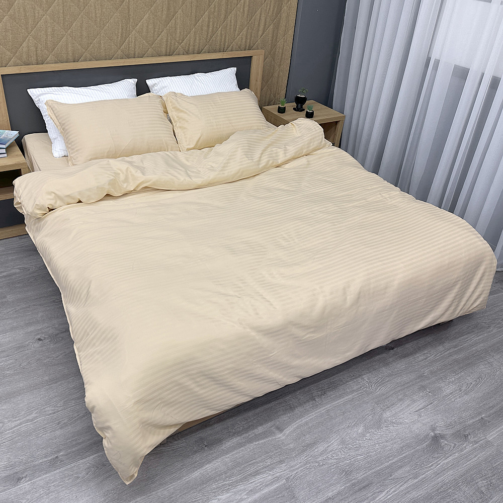 Комплект постільної білизни Страйп-сатин Двоспальний 180х220 з простирадлом на резинці Кремовий (88-102) Київ - фото 2