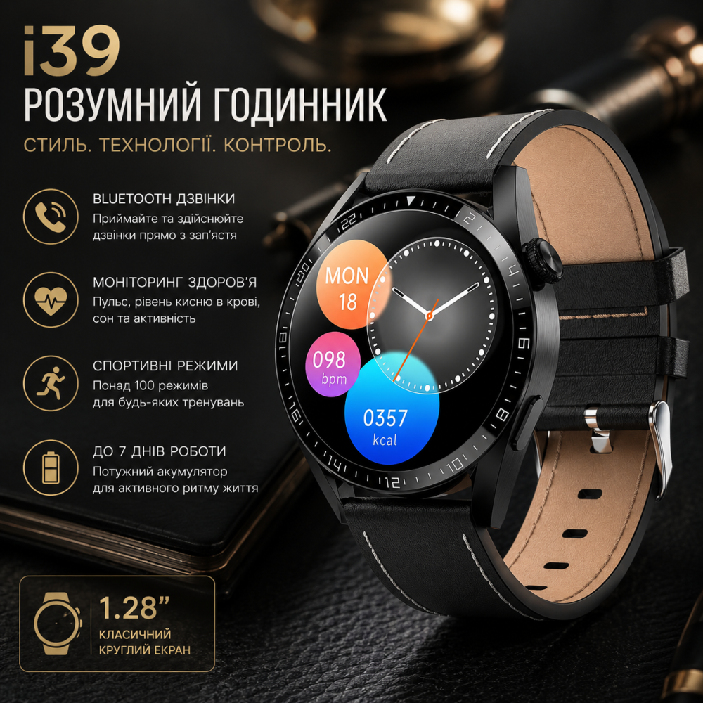 Розумний смарт-годинник i39 з Bluetooth-дзвінками, класичний круглий екран 1.28" та чорний шкіряний ремінець Київ - фото 1