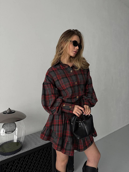 Жіночий стильний костюм-двійка: сорочка та спідниця в карту тіар Графіт, 42/44 Одеса - фото 6