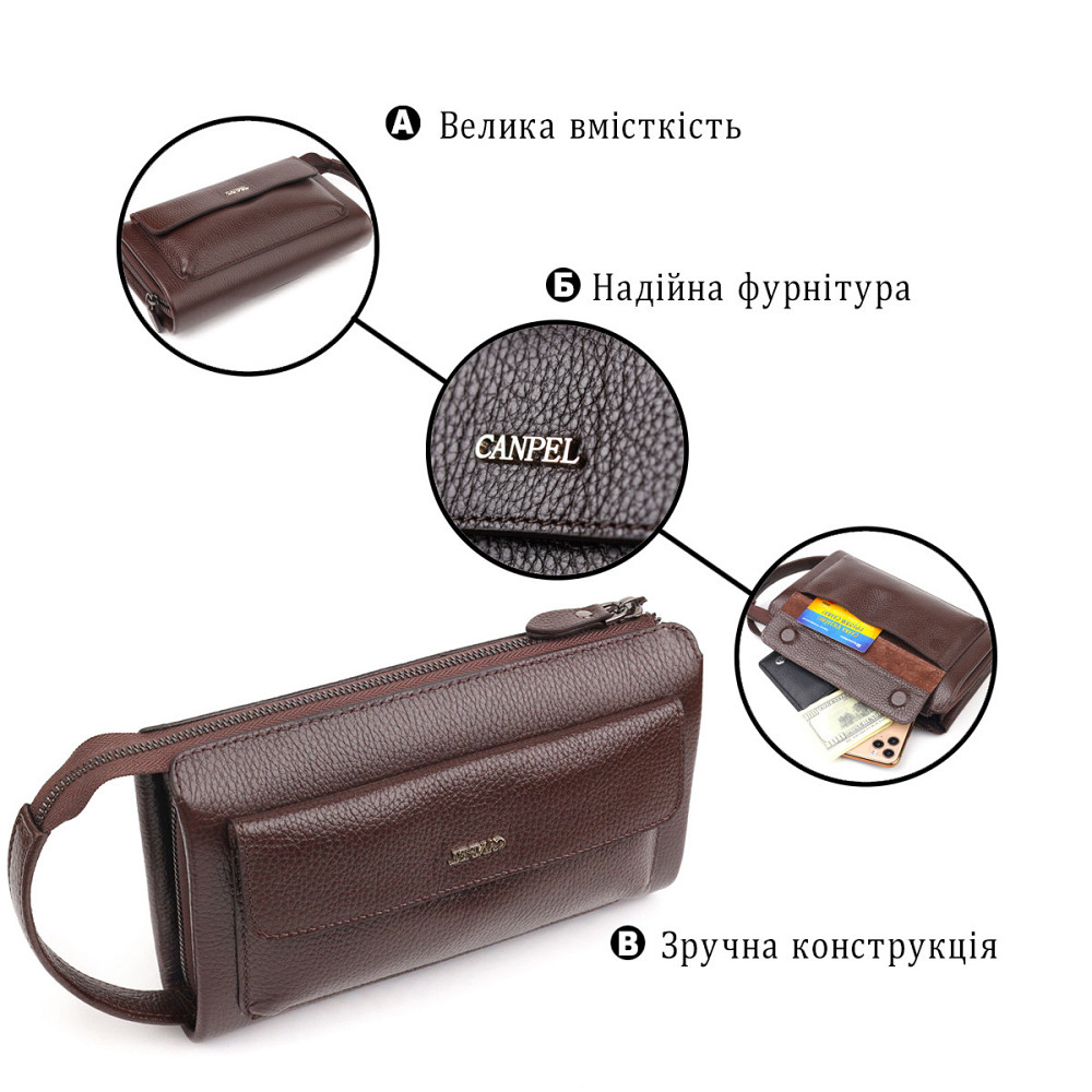 Красивый мужской клатч из натуральной зернистой кожи Коричневый (CANPELLINI) Киев - изображение 8