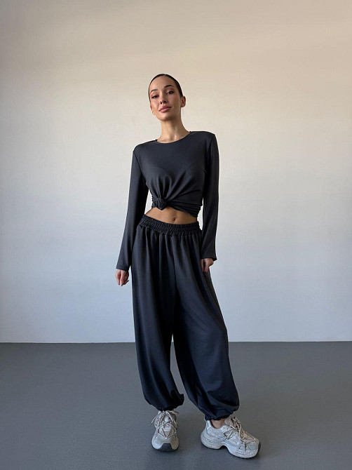 Жіночий повсякденний прогулянковий костюм-двійка: кофта та штани турецька двонитка Графіт, 46/48 Одеса - фото 3