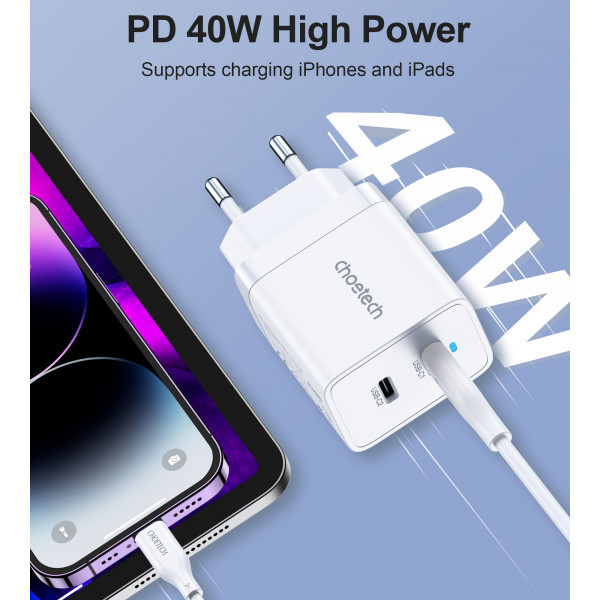 Зарядний пристрій 2хUSB-C 40W PD QC3.0 Q5006 білий Choetech (Q5006-EU-WH) Київ - фото 6