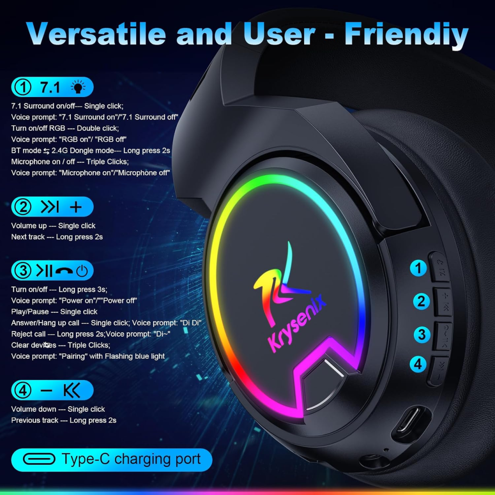 Ігрові навушники Krysenix PG4 бездротові, 2.4 ГГц, Bluetooth 5.4, 7.1 Surround, 50 мм, ENC, LED, для PS5/PS4/ПК, чорні Київ - фото 8
