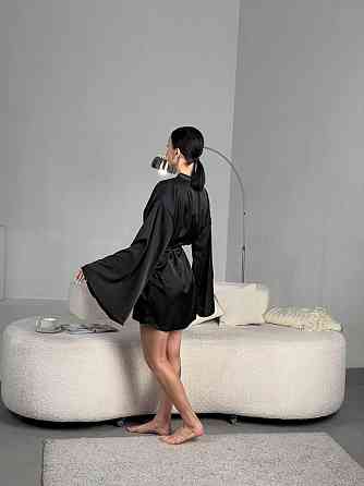 Женский короткий халат на запах с широким рукавом из шелка армани Черный, 48/50 Одесса