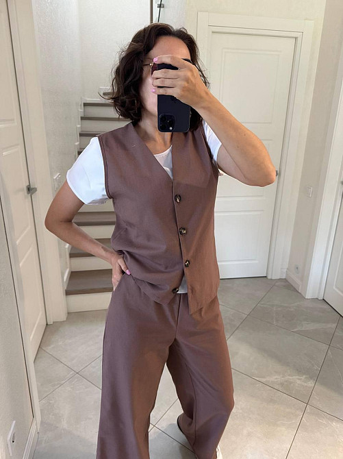 Жіночий легкий брючний костюм-трійка: жилет футболка та штани турецький натуральний льон + софт Моко, 46/48 Одеса - фото 6