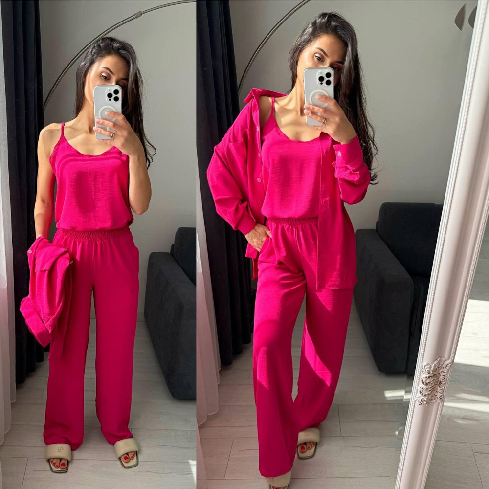 Женский базовый костюм тройка: рубашка майка и штаны креп жатка Малиновый, 42/44 Одесса - изображение 7