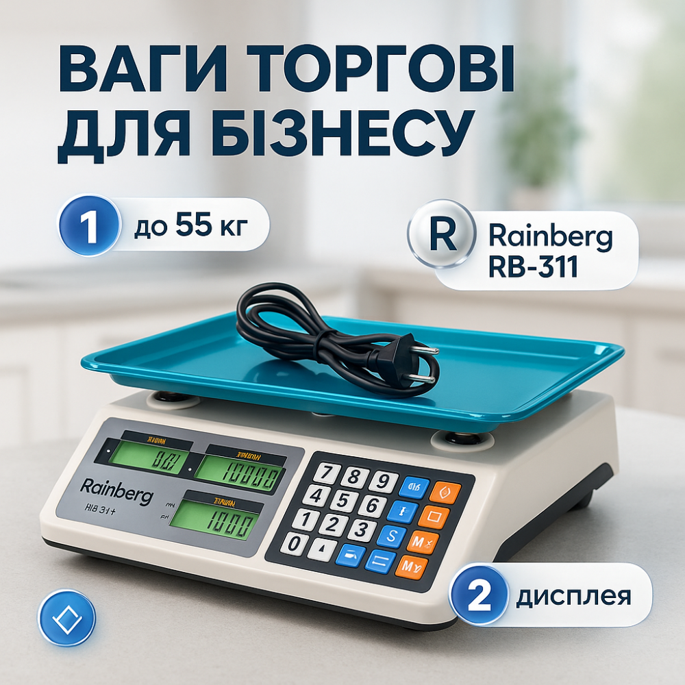 Ваги торговельні електронні акумуляторні Rainberg RB-311 до 55 кг з лічильником ціни 2 дисплеї SH-80 Львів - фото 11