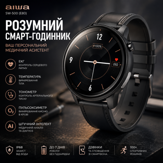 Розумний смарт-годинник Aiwa SW-500 (E80) IP68 з ЕКГ, термометром, тонометром, пульсоксиметром та медичним діагнозом ШІ Київ