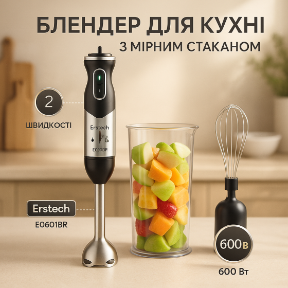 Занурювальні блендери для дому Erstech E0601BR 600 Вт, Стаціонарний блендер для кухні зі скляною чашею MN-15 Львів