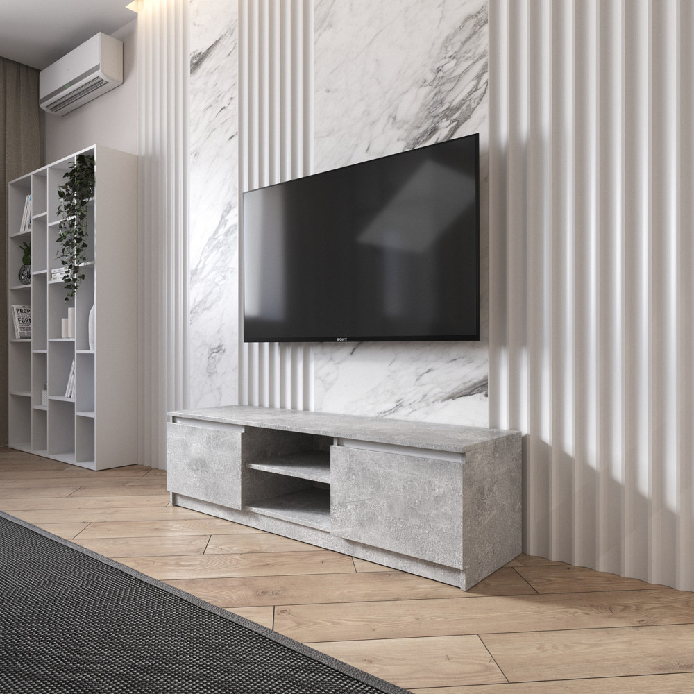 Тумба под телевизор VAYS R-14 Бетон-Белые планки, с открытой нишей, ЛДСП, 140×40×40 см – для гостиной и спальни, под ТВ Львов - изображение 1