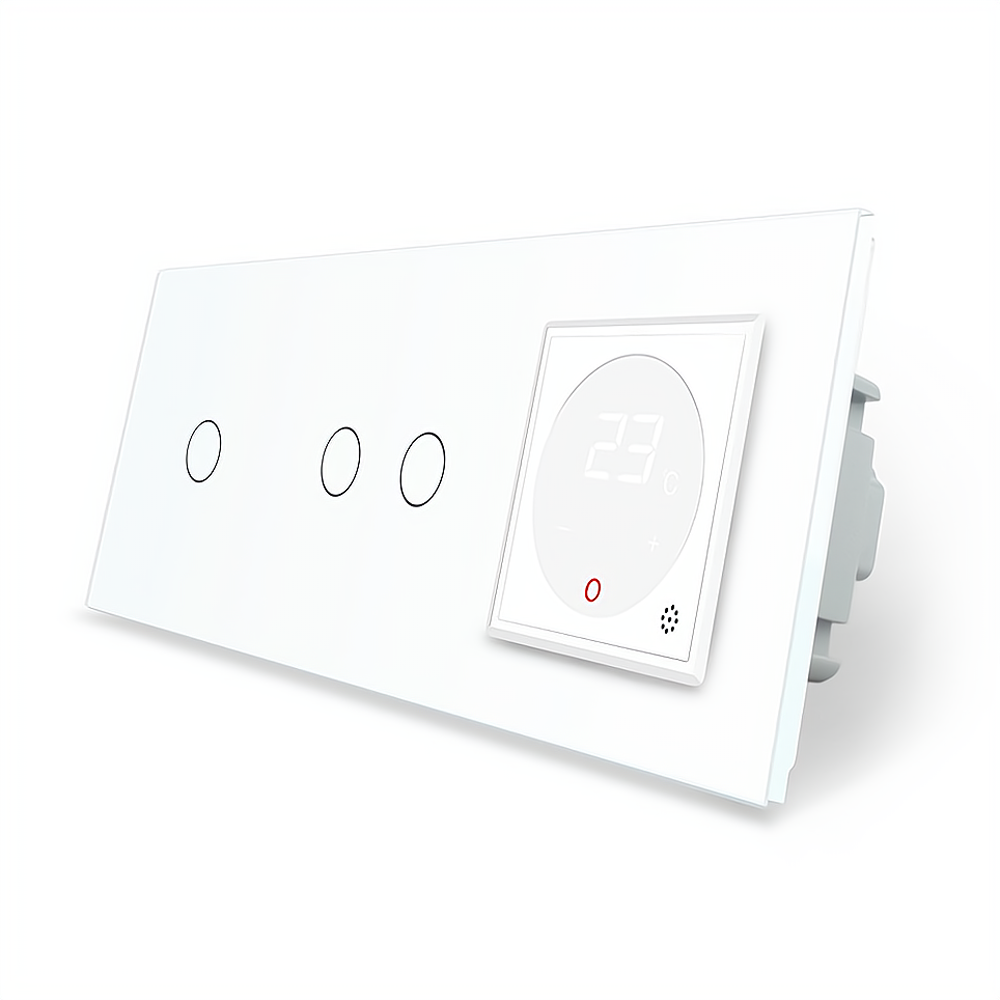 Комбінований терморегулятор (термостат) програмований для електричної теплої підлоги та 3-сенсорний вимикач (1-2) LIVOLO, білий скляний, в одній рамці Коломия - фото 1
