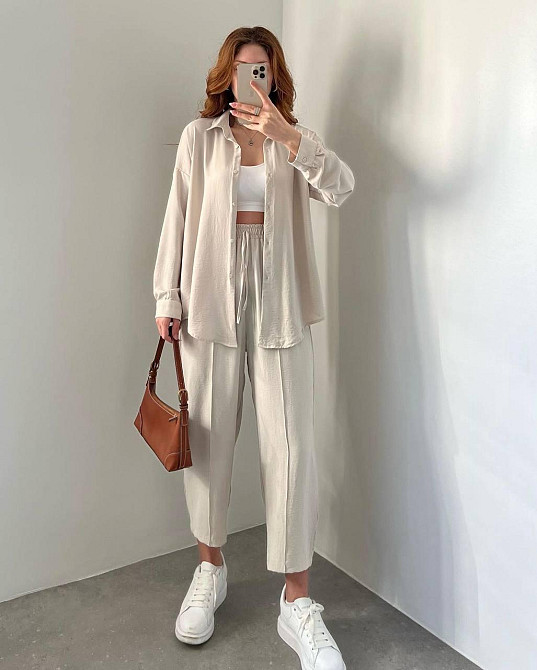 Женский легкий брючный костюм двойка: рубашка и брюки американский креп Беж, 44/46 Одесса - изображение 4
