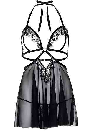 Сорочка беби-долл с открытыми чашками Leg Avenue Lace and mesh babydoll & panty Black L, стринги Sex Aura Киев