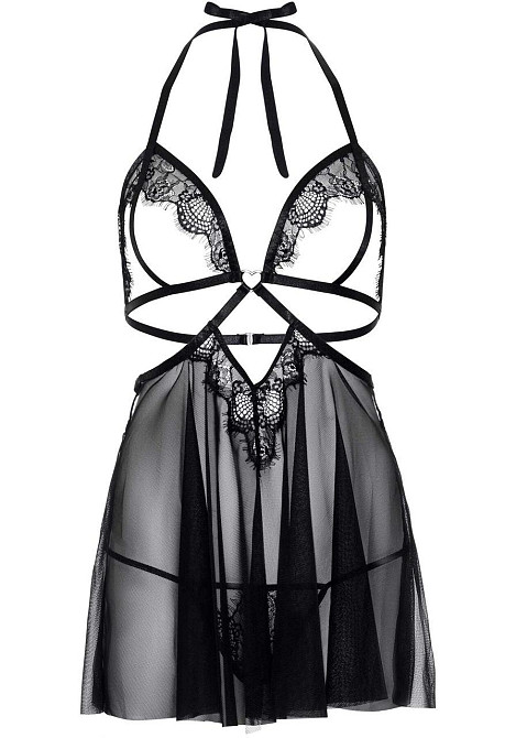 Сорочка беби-долл с открытыми чашками Leg Avenue Lace and mesh babydoll & panty Black L, стринги Sex Aura Киев - изображение 3