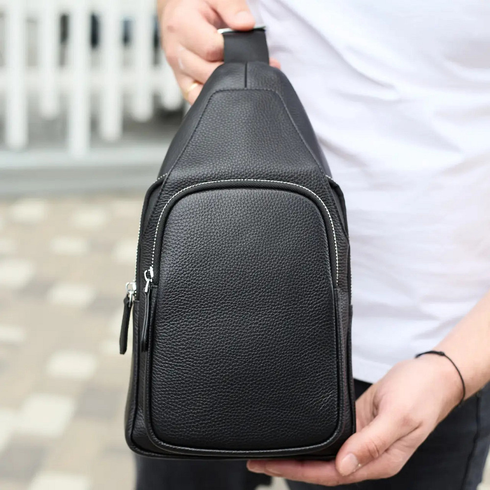 Мужская кожаная сумка слинг через плечо из натуральной кожи черная TIDING BAG Киев - изображение 4