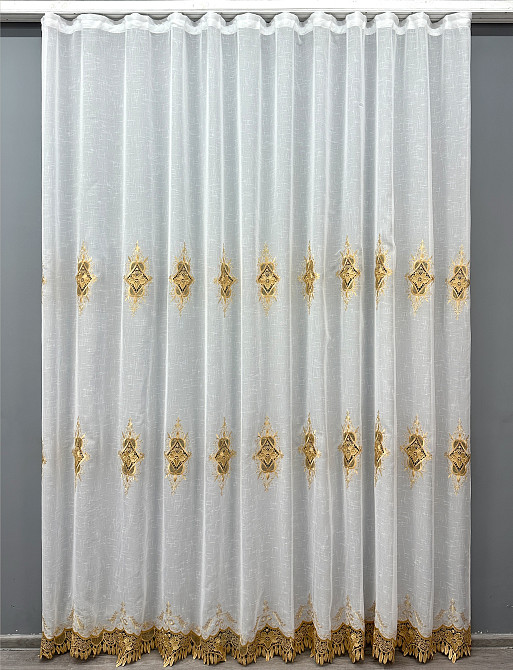 Тюль VR-Textil 1803т Лен с кружевом Белый с золотистым 300х270 см (40-108) Киев - изображение 2