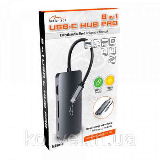 Док-станція USB3.1 Type-C --> HDMI/USB 3.0x3/RJ45/SD/MicroSD/PD 100W Hub Pro 8-in-1 Media-Tech (MT5044) Київ