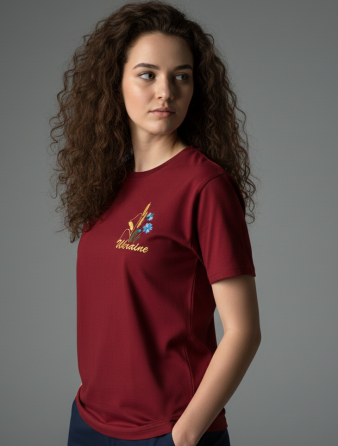 Женская очаровательная вышитая футболка вышиванка бордовая с голубыми васильками и желтыми колосками Киев