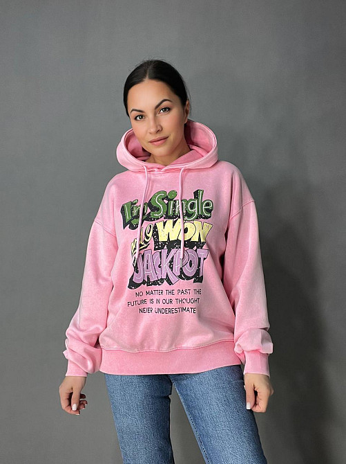 Худи женский A-N 25040 удлиненный оверсайз с капюшоном вареный дай цветная надпись впереди one size, розовый, one size Киев - изображение 13