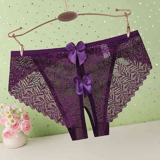 Еротичні трусики фіолетові жіночі з розрізом і бантиками 44 фіолетовий Київ