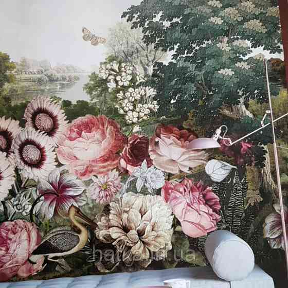 Шпалери флізелінові Khroma Kent DGKEN2011 панно мурал пейзаж квіти соняшник дерева, птахи, метелики річка хмари Київ
