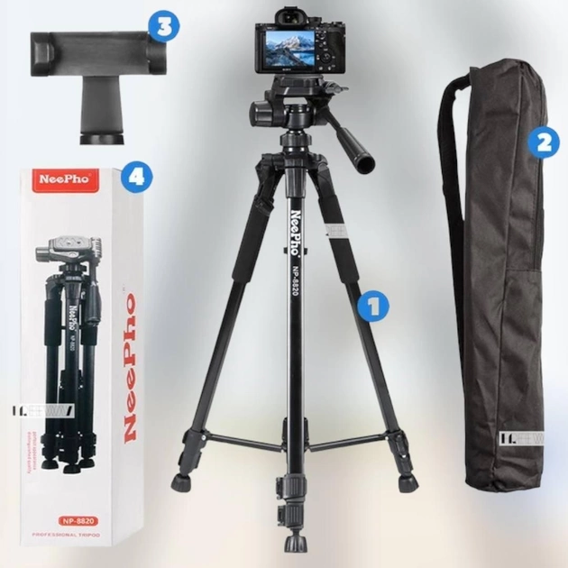 Штатив тренога NeePho NP-8820 не съемная площадка + держатель + чехол (56-150см) Черный Винница - изображение 4