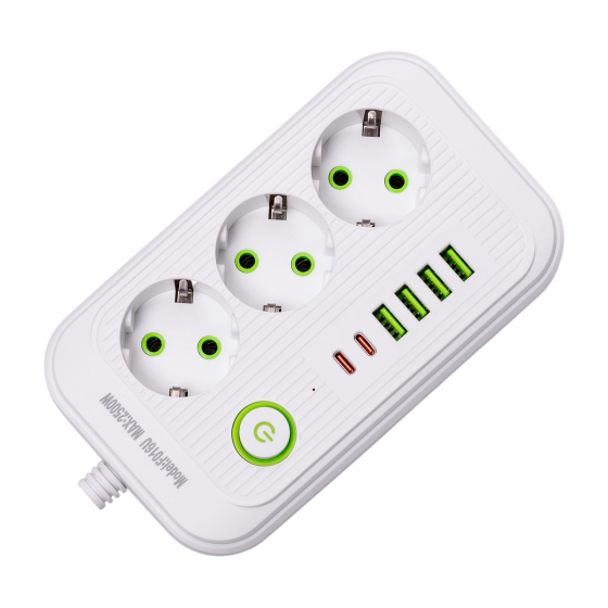 Сетевой фильтр кабель 2.7 м удлинитель F16 на 3 розетки 4 usb 2 type-c и кнопкой отключения Белый HP-5-19 Киев