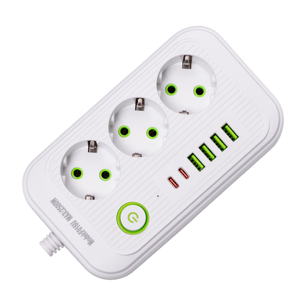 Сетевой фильтр кабель 2.7 м удлинитель F16 на 3 розетки 4 usb 2 type-c и кнопкой отключения Белый HP-5-19 Киев - изображение 3