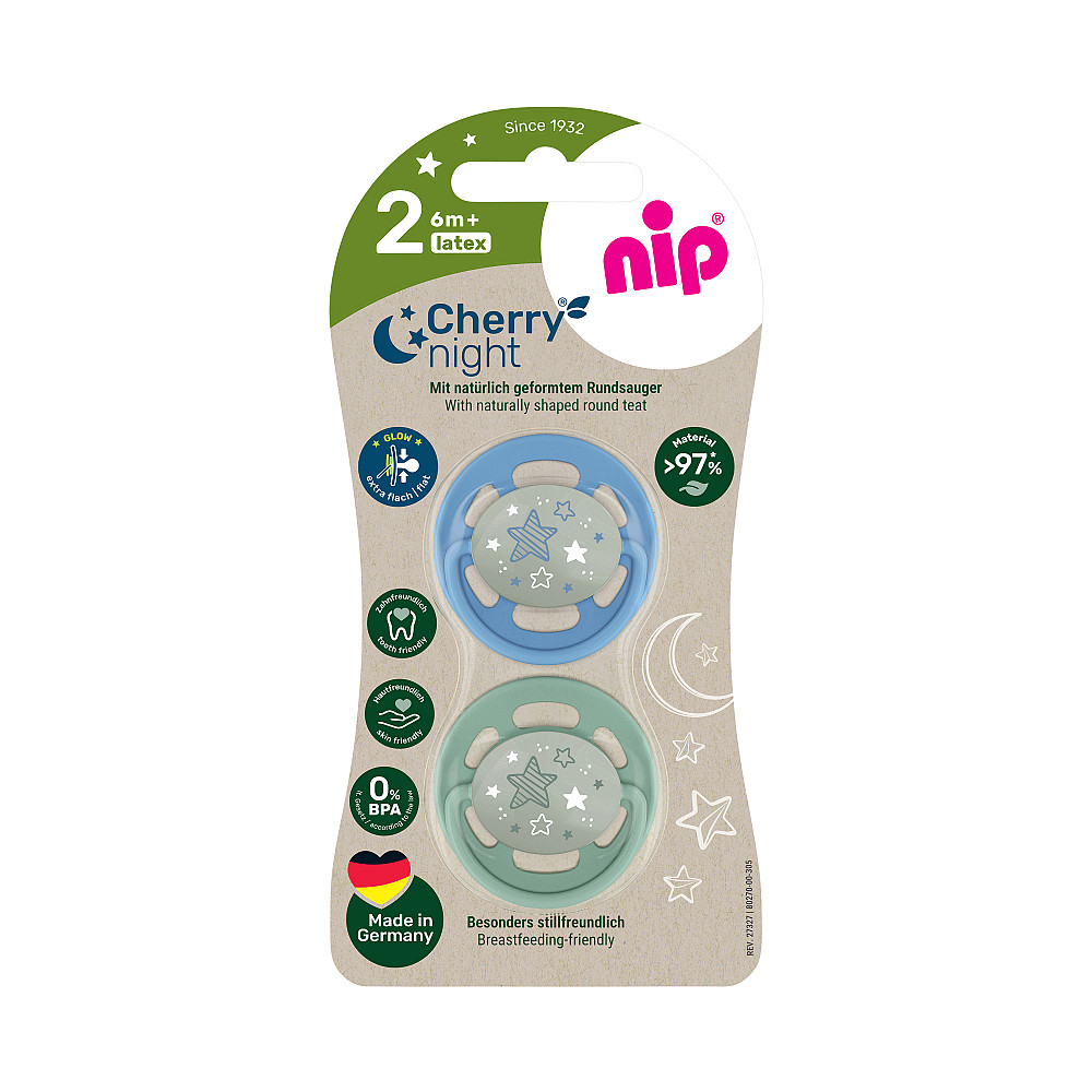 Пустушка латексна кругла для дітей від 6 місяців NIP Cherry Night арт. 38872-51 2 шт. зелений/блакитний Кривий Ріг - фото 1