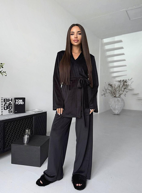 Жіночий стильний домашній костюм штани палаццо + кімоно, велюр Чорний, 46/48 Одеса - фото 5