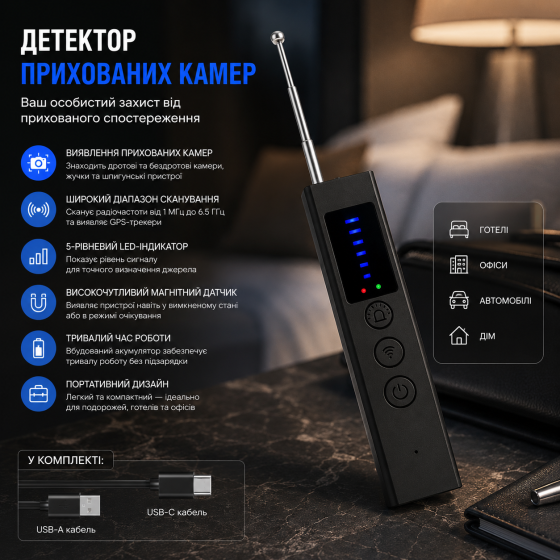 Детектор скрытых камер и жучков JETMAN RF-Scanner — Антишпионский GPS-детектор, Магнитный сенсор, 1МГц–6500 МГц Киев