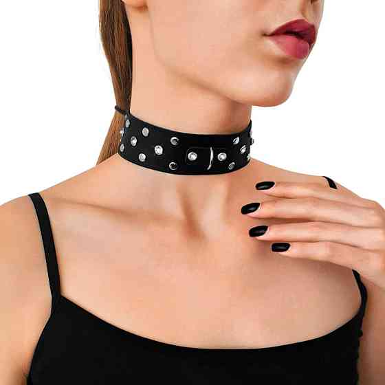 Ошейник из натуральной кожи с заклепками и стразами Art of Sex - Jenna Collar, Черный Sex Aura Киев