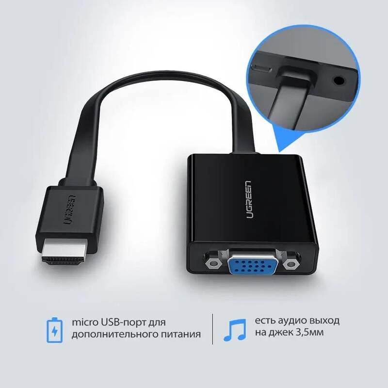Адаптер Ugreen HDMI to VGA Converter MM103 40248 25см (Чорний) Николаев - изображение 8