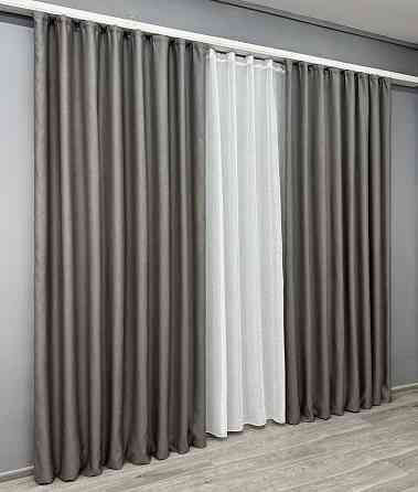 Комплект штор VR-Textil рогожка преміум TERRA LUXE 150х270 2шт і Тюль 400х270 1856ш-115т темно-сірий з білим 71-074/3 Київ