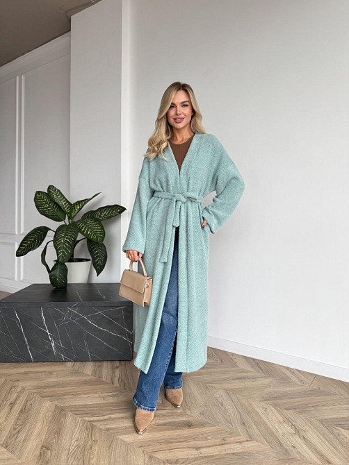 Жіночий довгий кардиган із поясом і кишенями. Мята, 46/48 Одеса - фото 4