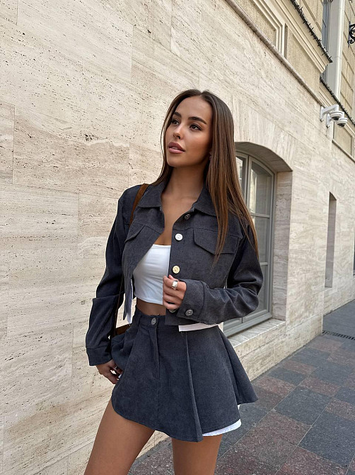 Жіночий стильний костюм-двійка: жакет і спідниця вельвет Графіт, 44/46 Одеса - фото 9