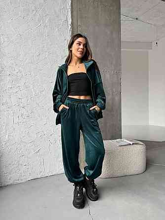 Жіночий прогулянковий костюм-двійка: кофта та штани з турецького велюру Смарагдовий, 46/48 Одеса