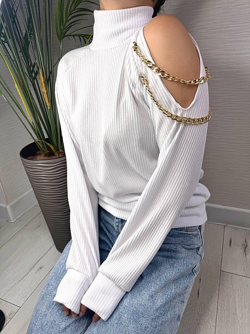 Стильный женский под горло свитер с цепочкой плотная ангора рубчик на флис Белый, 48/50 Одесса - изображение 8