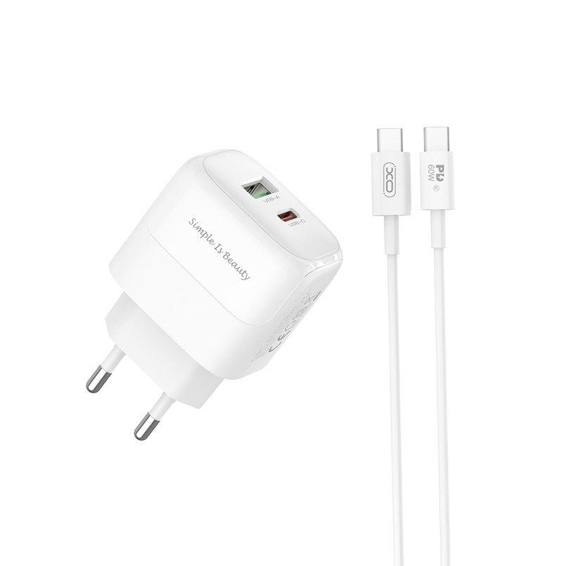 Мережевий зарядний пристрій XO L137 PD20W/QC18W 1USB-A+1USB-C + Type-c кабель білий Львів - фото 1