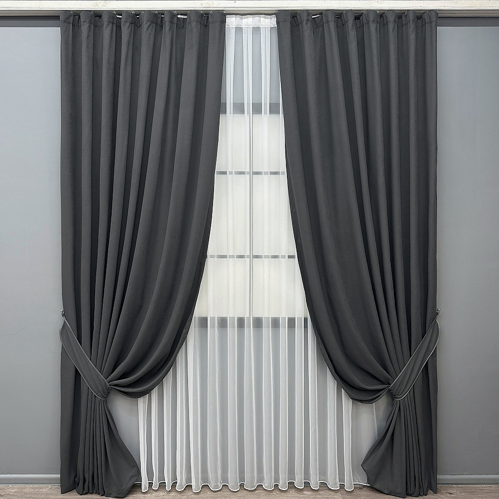 Комплект готових штор VR-Textil Мікровелюр Petek № 1495ш Темно-сірий 100х290 см 2 шт (31-711) Київ - фото 10