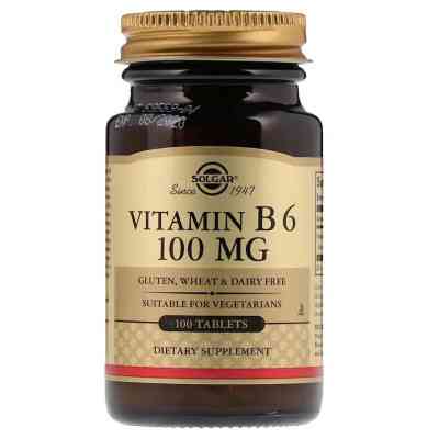 Вітамін Solgar Вітамін В6, Vitamin B6, 100 мг, 100 таблеток (SOL-03120) Вінниця