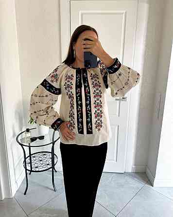 Женская современная вышиванка молочного цвета под старинный домотканый лен коттон 80% полиэстер 20% Одесса